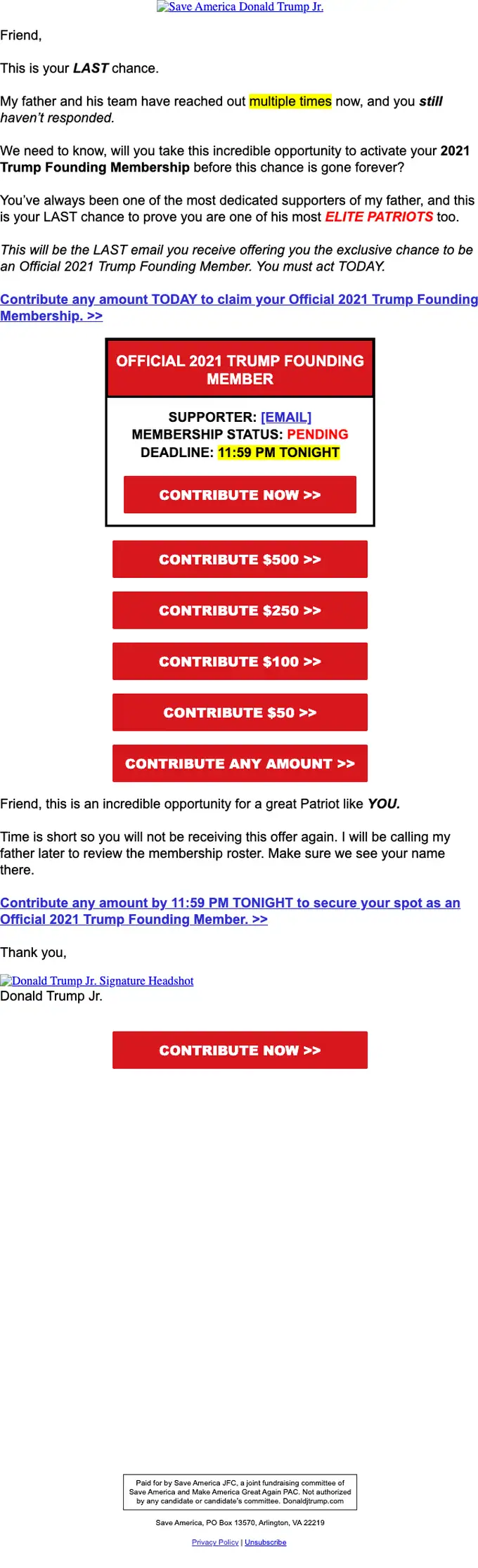 Donald Trump Jr. promotional email, full length