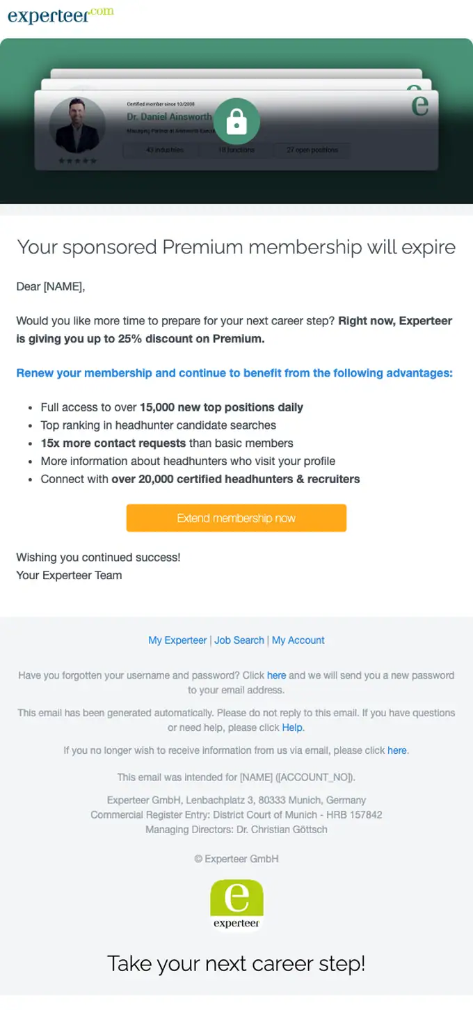 Experteer Premium expiration notice email, full length
