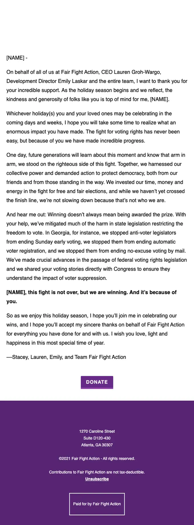 Fair Fight Action thank you email, full length