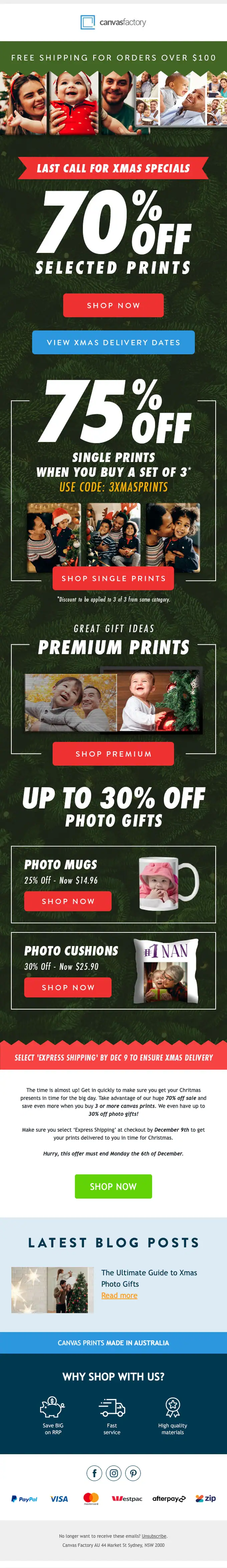 Canvas Factory seasonal email, full length