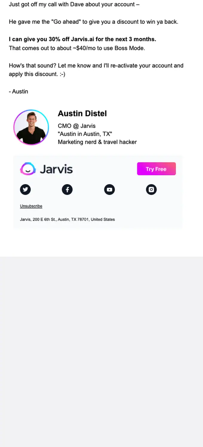 Jarvis.ai re engagement email, full length