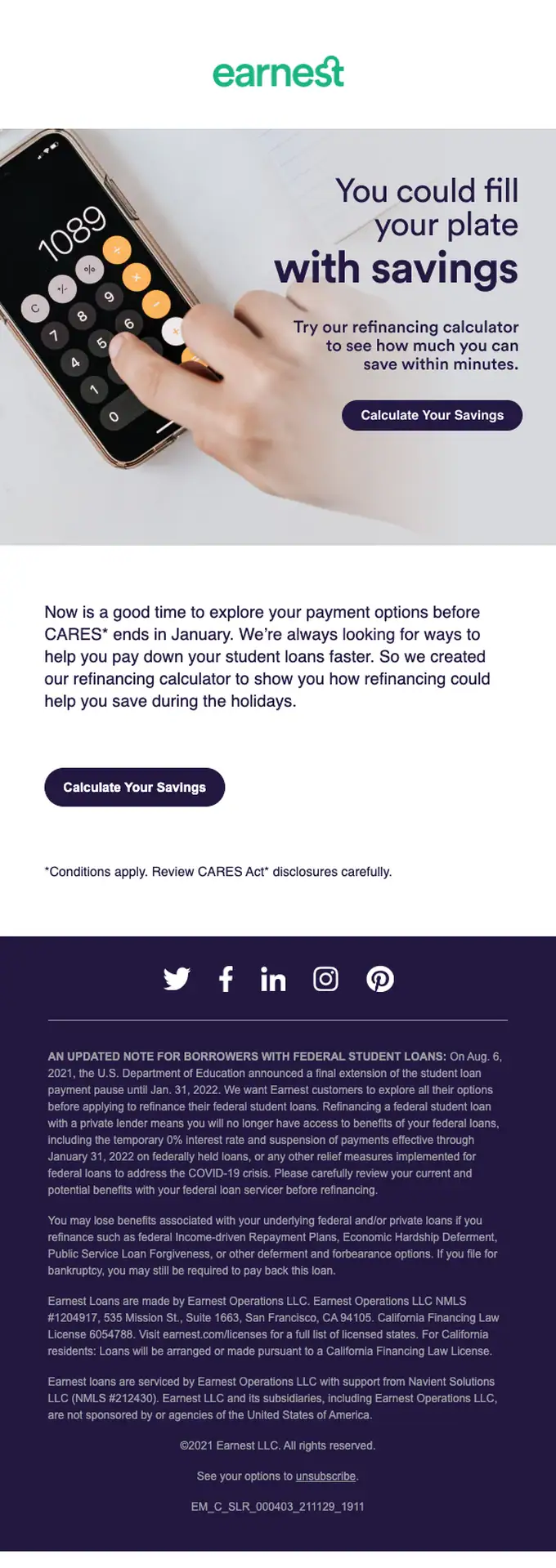 Earnest promotional email, full length
