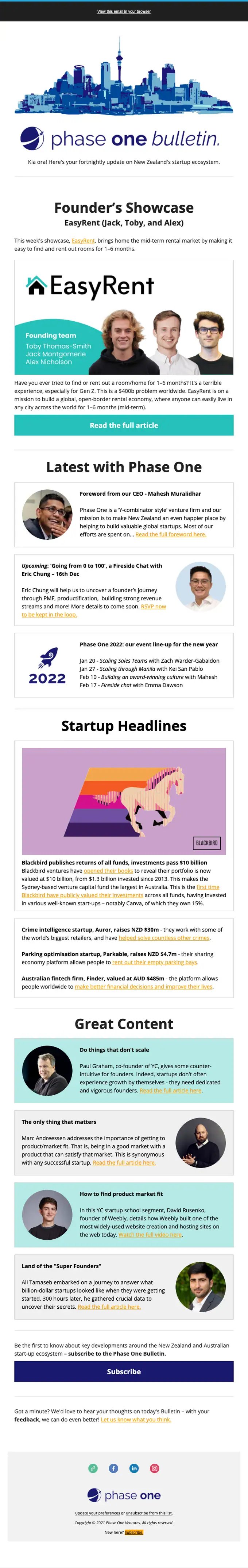 Phase One Ventures newsletter email, full length