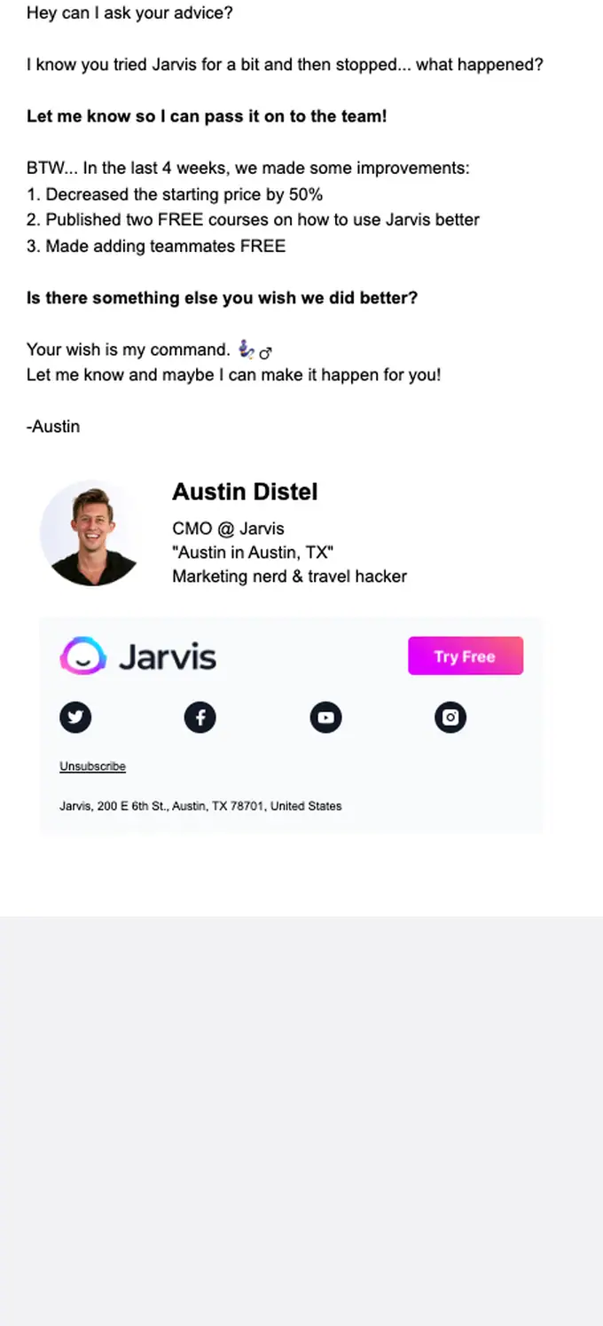 Jarvis re engagement email, full length