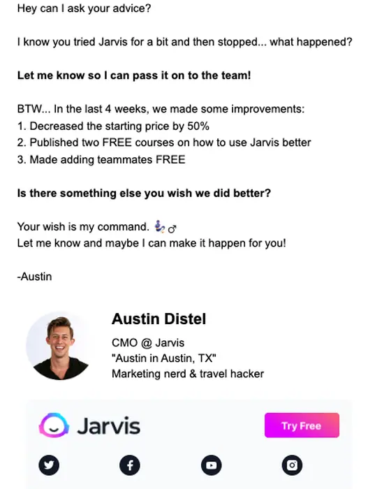 Jarvis re engagement email