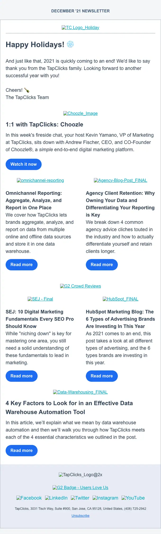 TapClicks newsletter email, full length