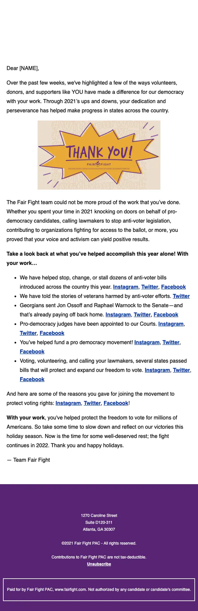 Fair Fight thank you email, full length
