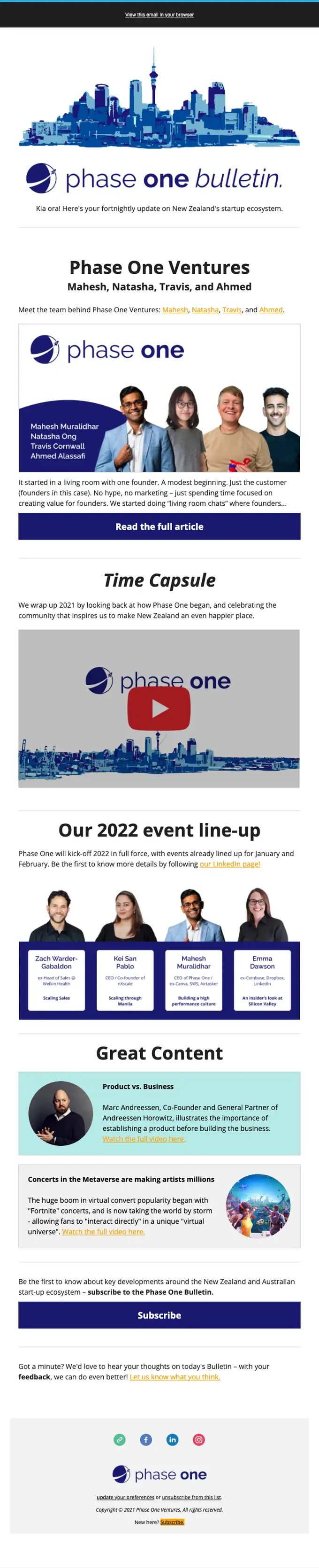Phase One Ventures newsletter email, full length
