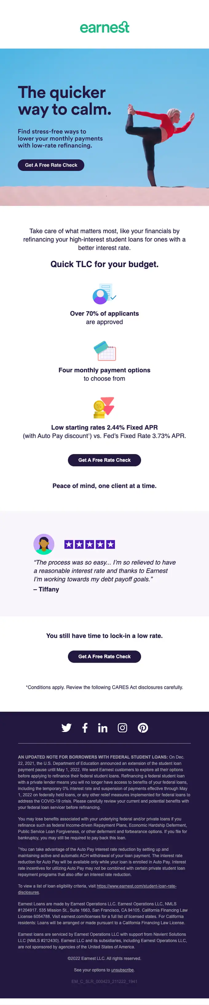 Earnest promotional email, full length
