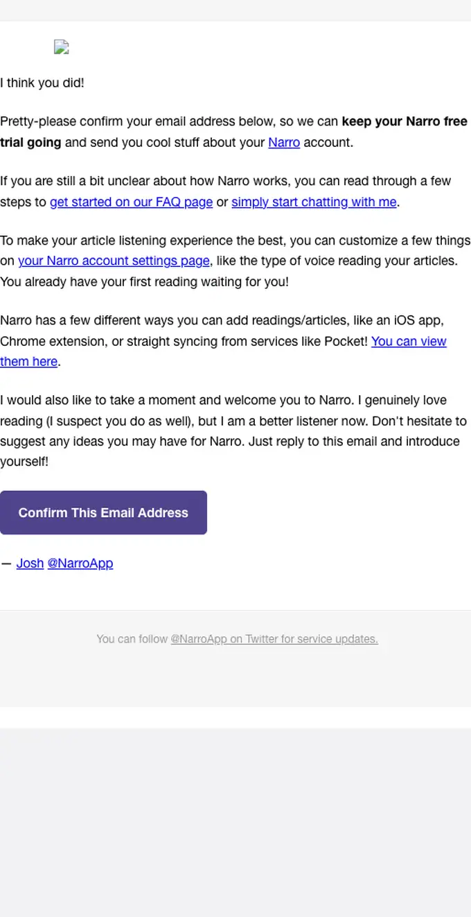 Narro email verification email, full length