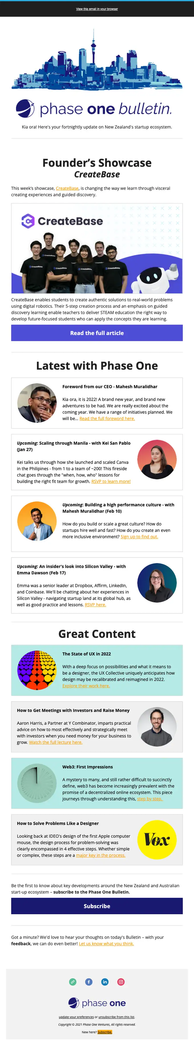 Phase One Ventures newsletter email, full length