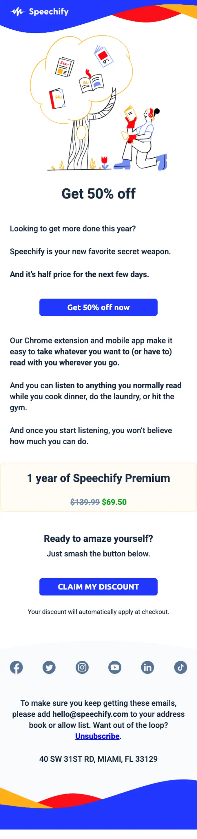Speechify discount offer email, full length
