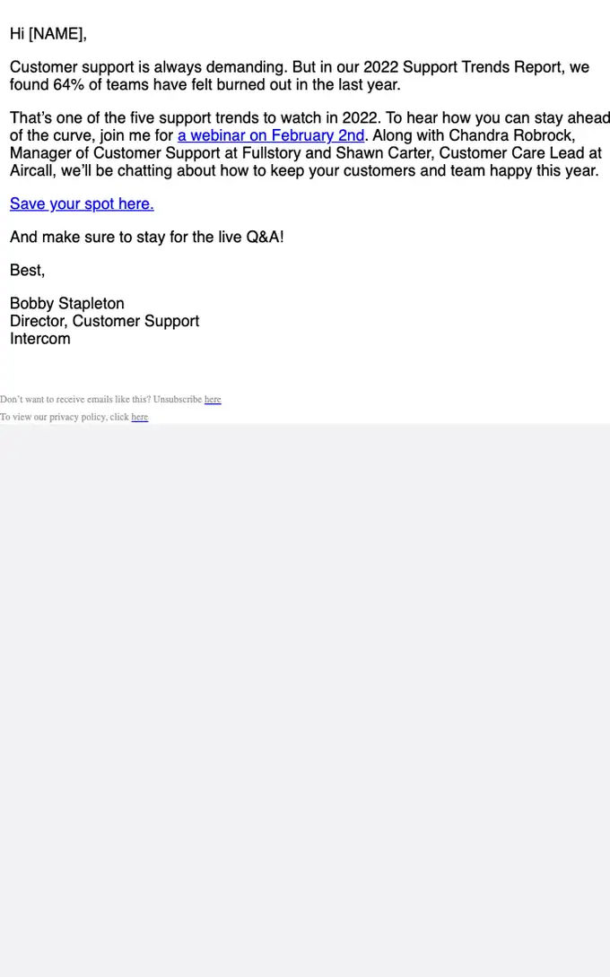 Intercom webinar email, full length