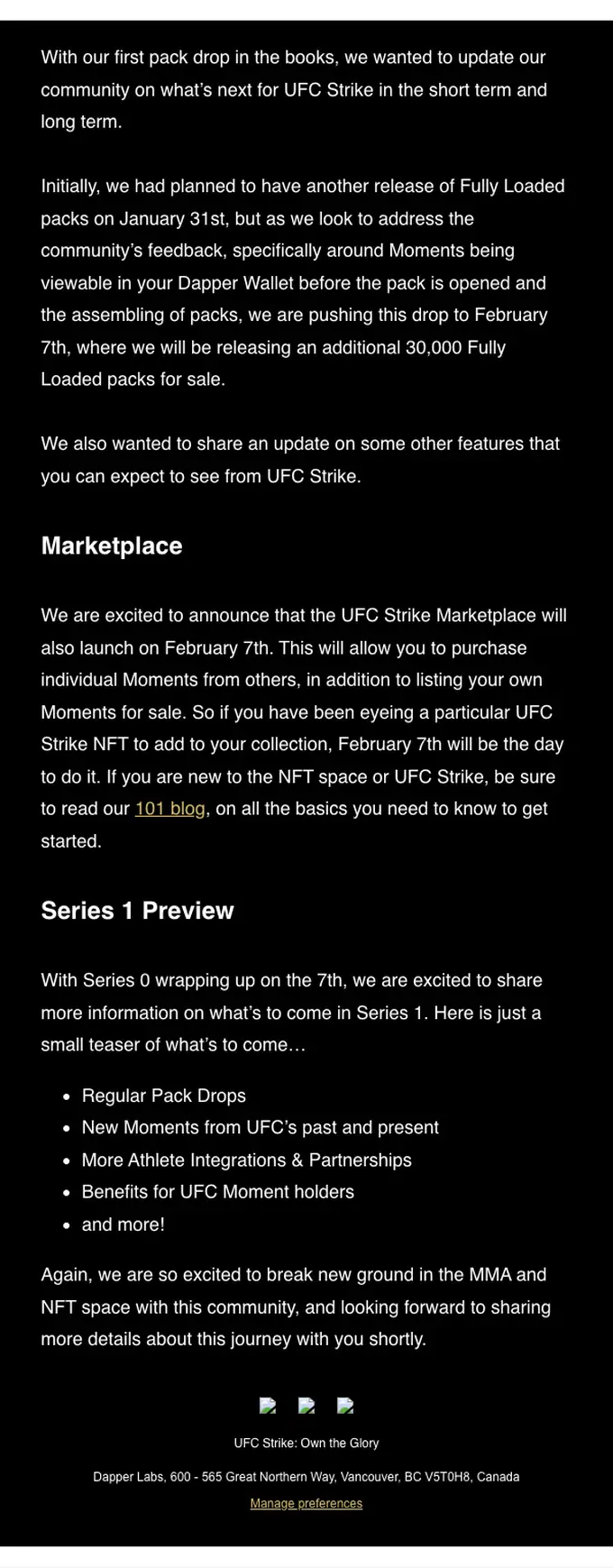 UFC Strike account notice email, full length