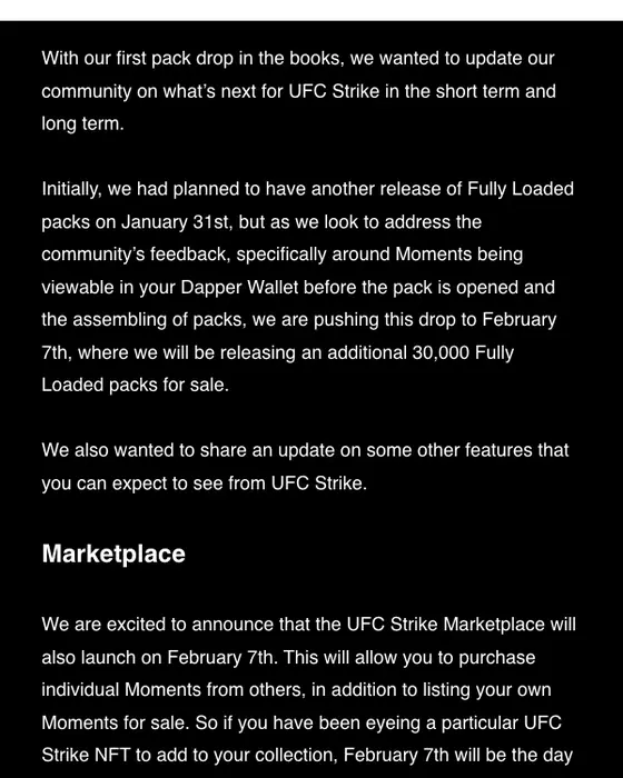 UFC Strike account notice email