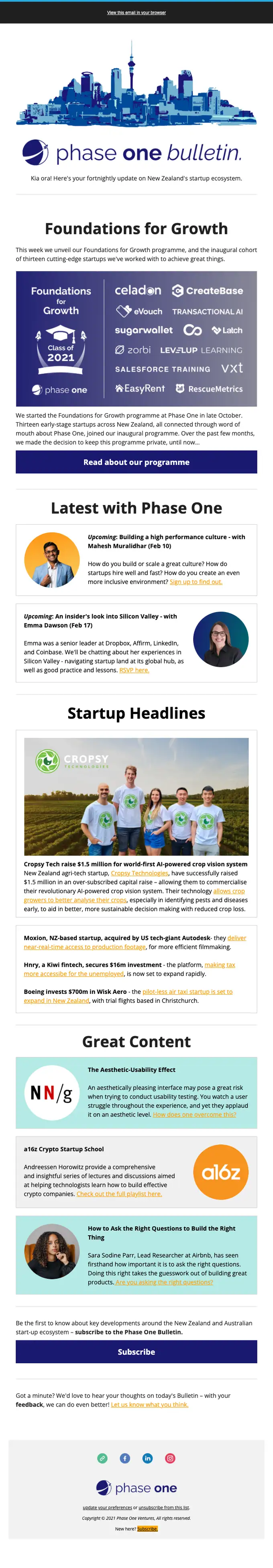 Phase One Ventures newsletter email, full length