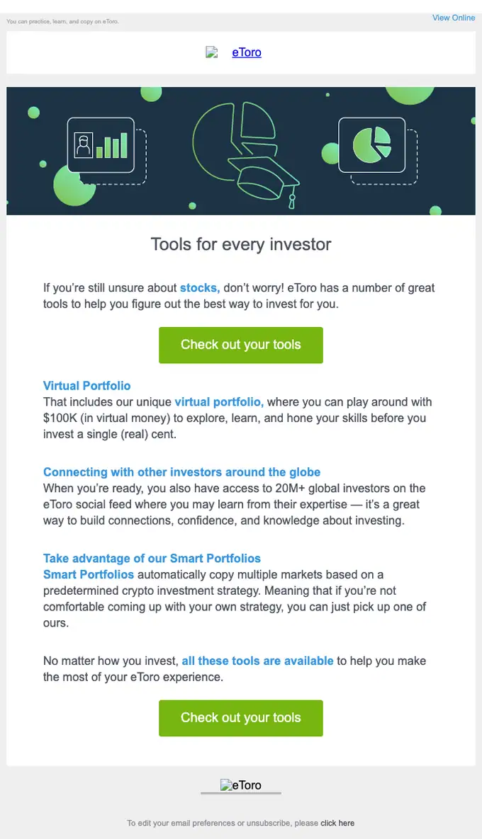 eToro promotional email, full length