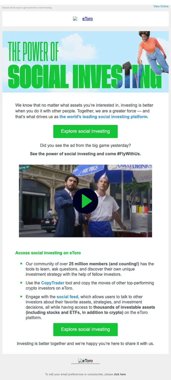 eToro welcome email, full length