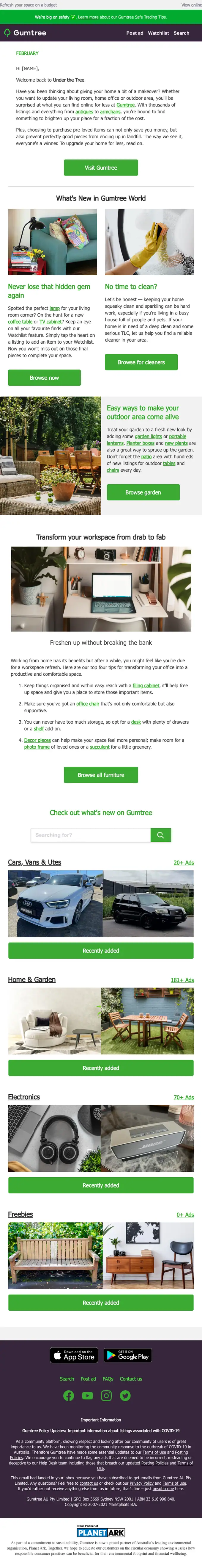 Gumtree Australia newsletter email, full length