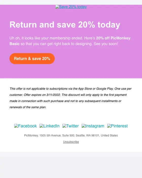 PicMonkey drip email: Save 20% When You Come Back To PicMonkey