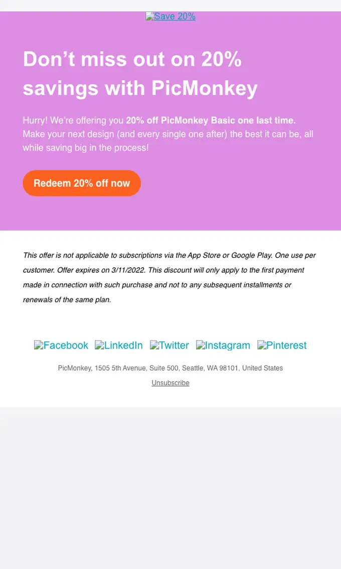 PicMonkey discount offer email, full length