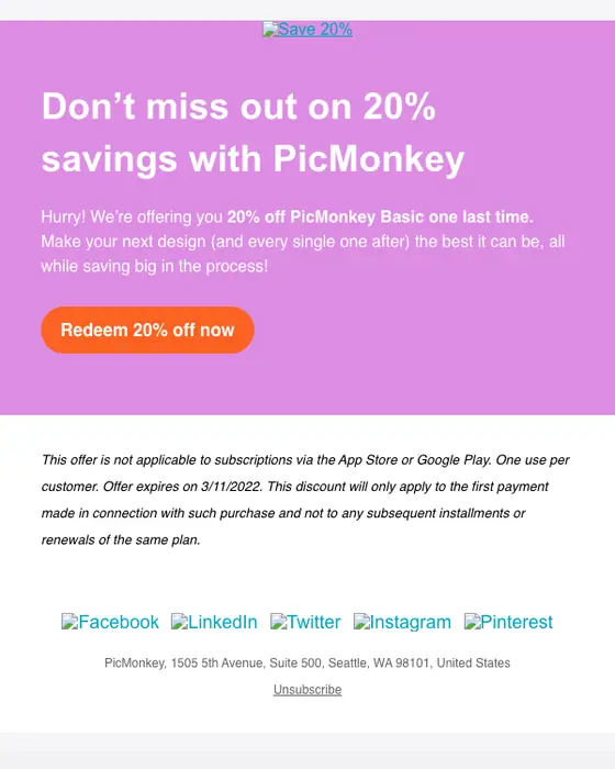 PicMonkey discount offer email