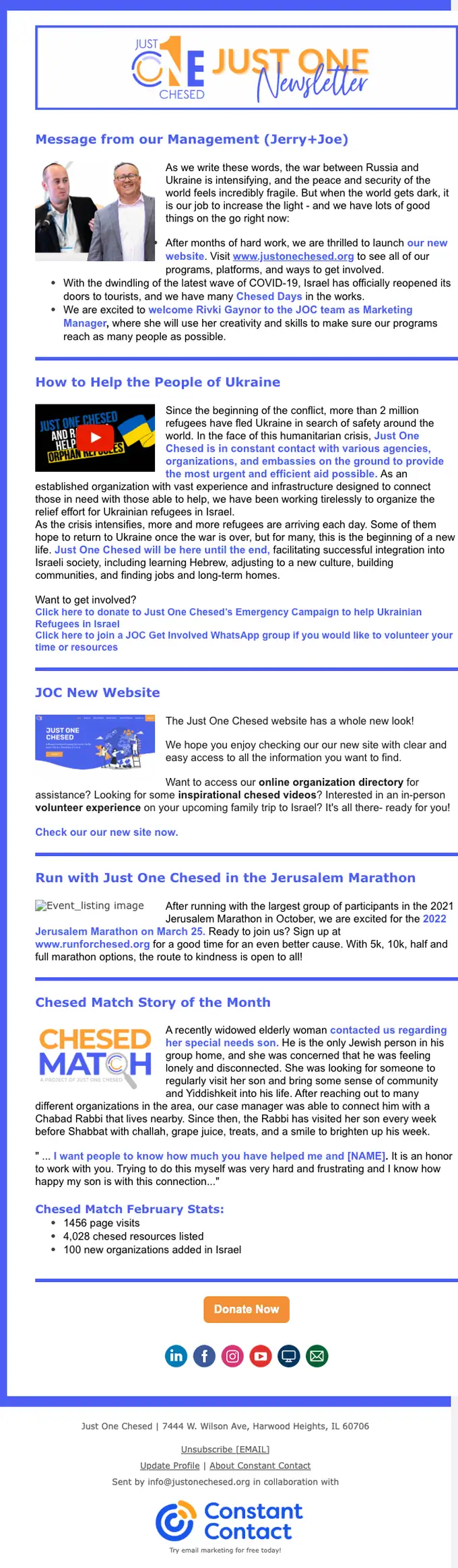 Just One Chesed newsletter email, full length