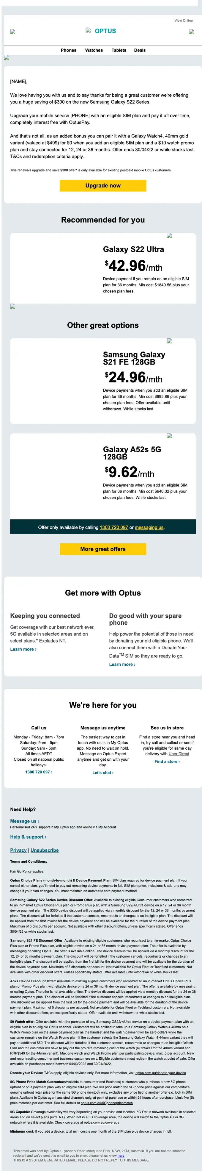 Optus promotional email, full length