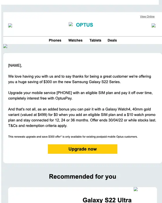 Optus promotional email