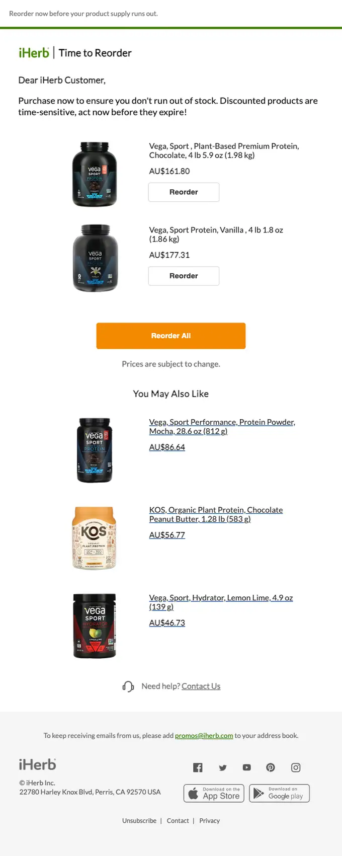 iHerb order reminder email, full length