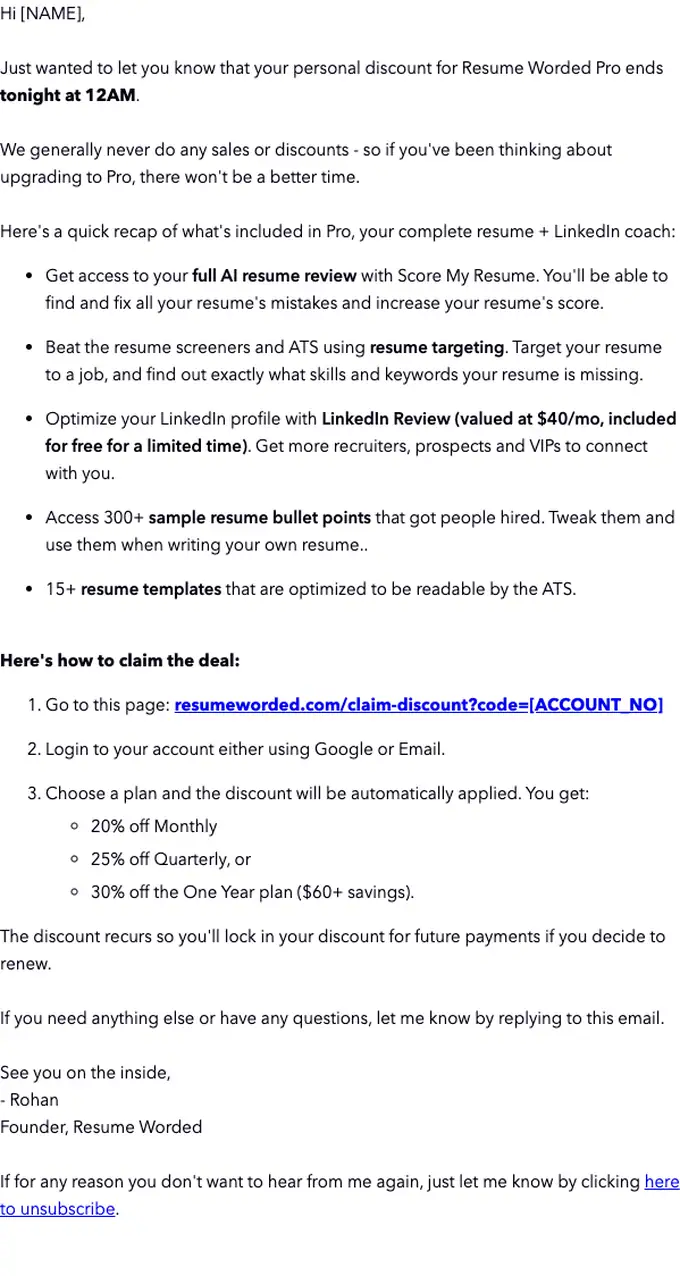 Resume Worded expiration notice email, full length