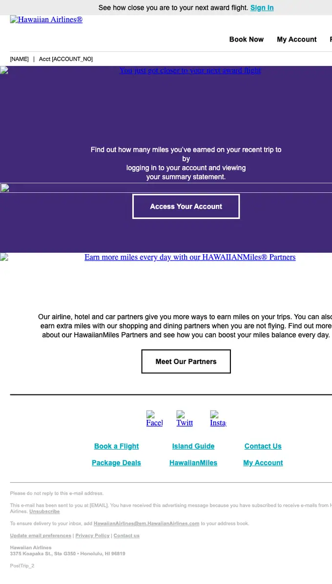 Hawaiian Airlines account notice email, full length
