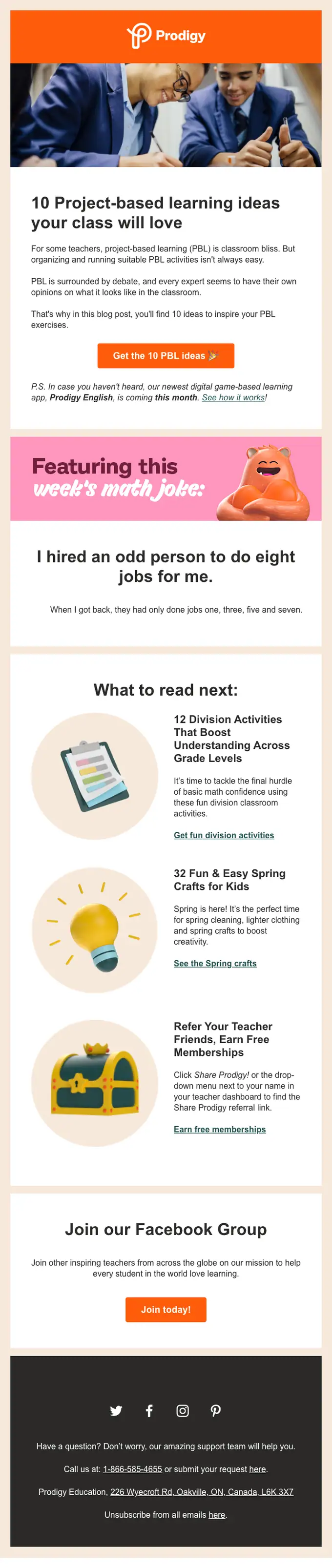 Prodigy Blog newsletter email, full length