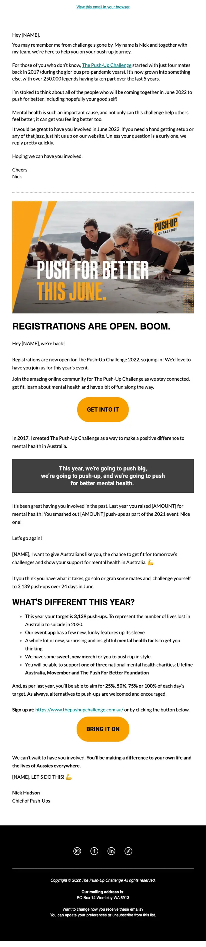 The Push-Up Challenge promotional email, full length