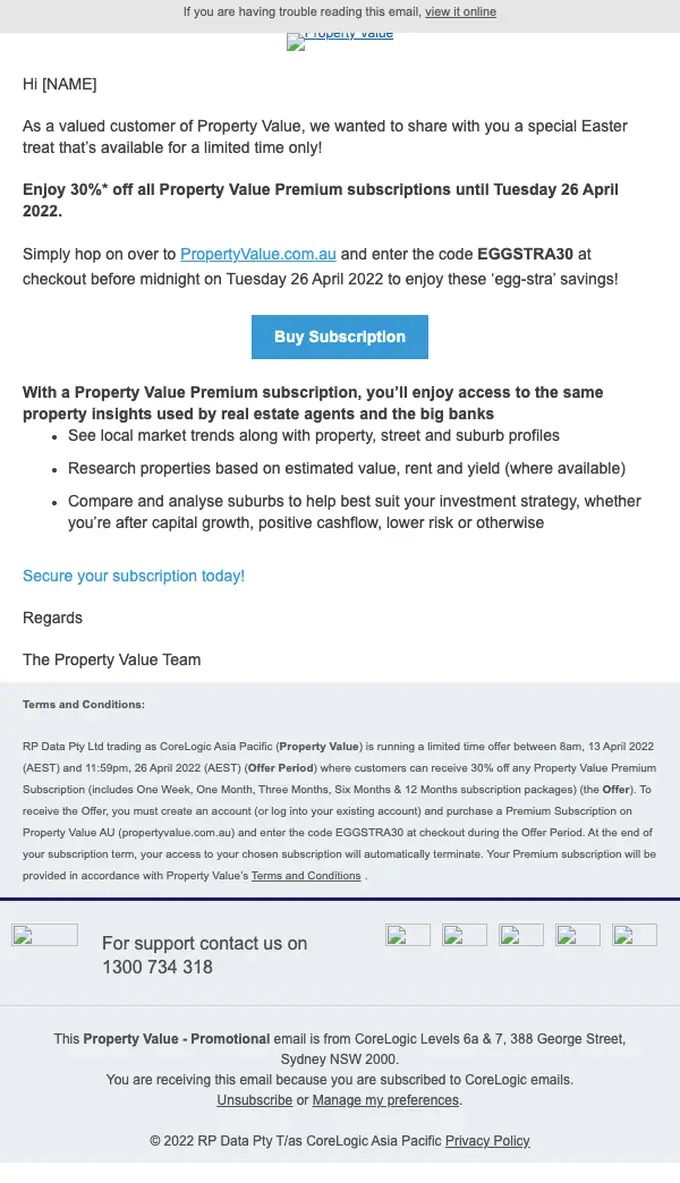 Property Value by CoreLogic discount offer email, full length