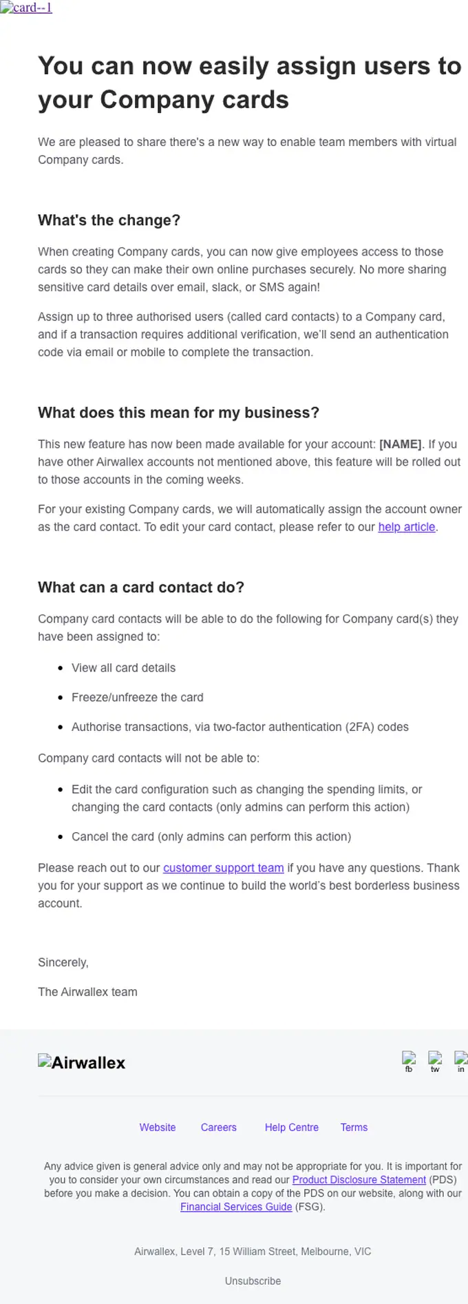 Airwallex account notice email, full length
