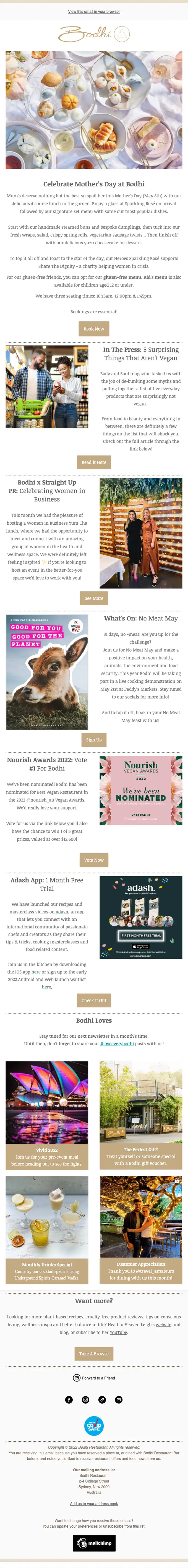 Bodhi Restaurant Bar newsletter email, full length