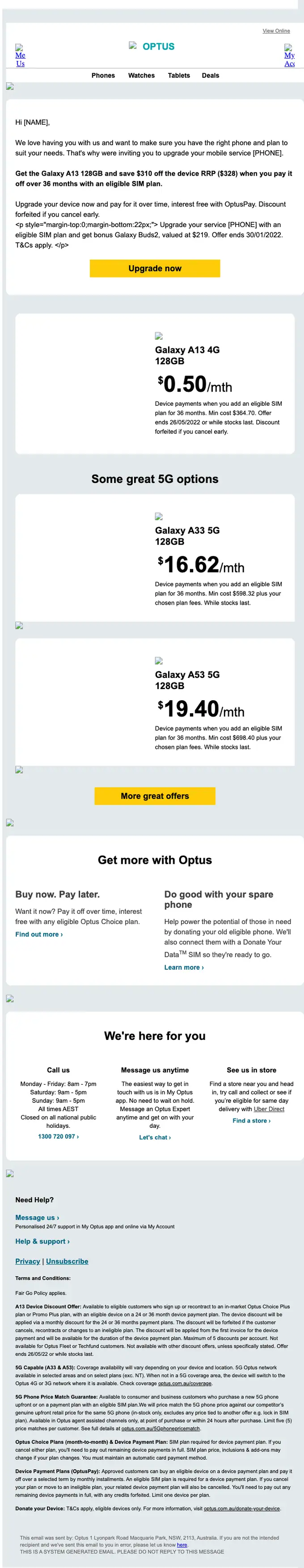 Optus promotional email, full length