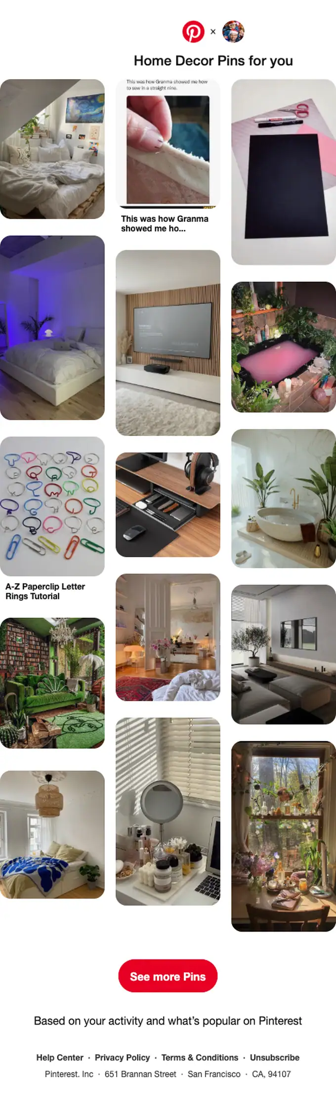 Pinterest digest email, full length