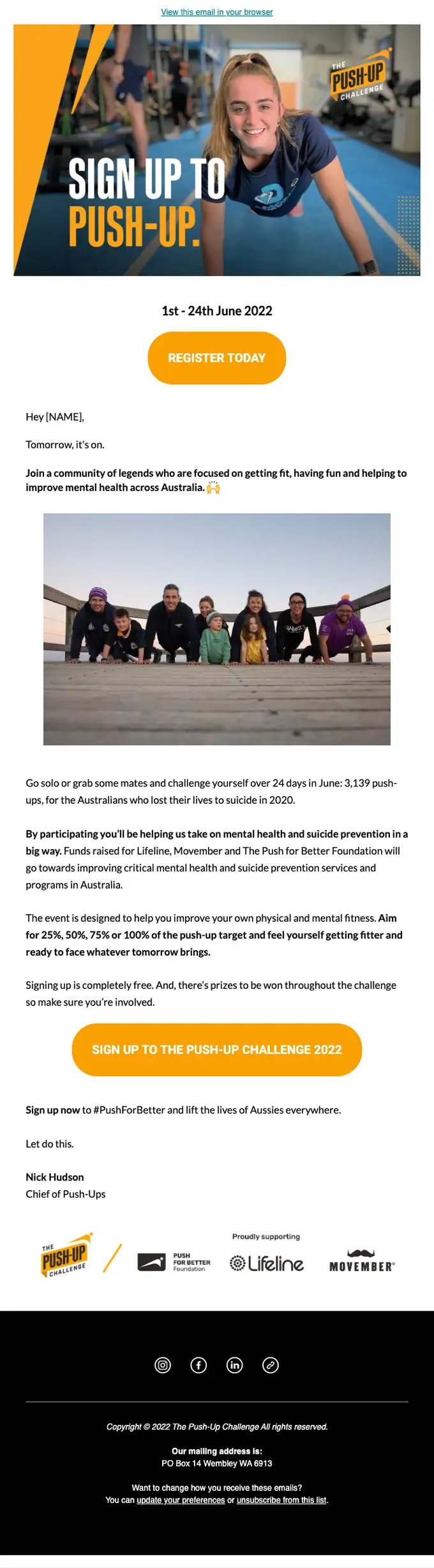 The Push-Up Challenge event invite email, full length