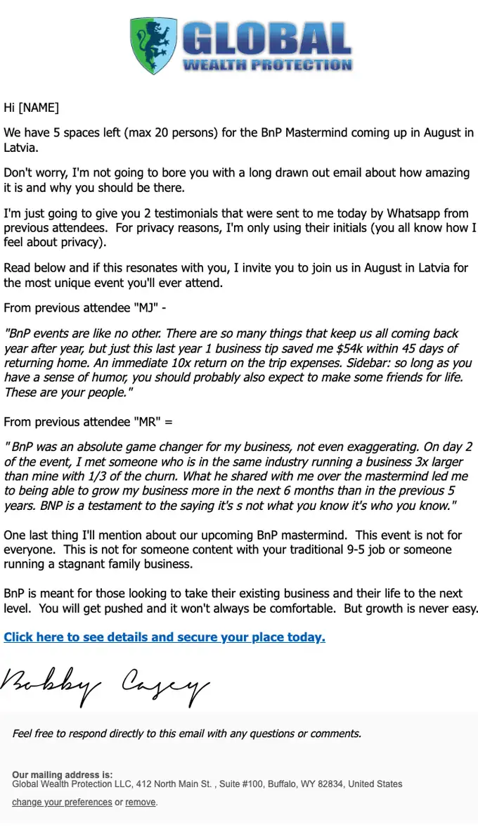 Bobby Casey event invite email, full length