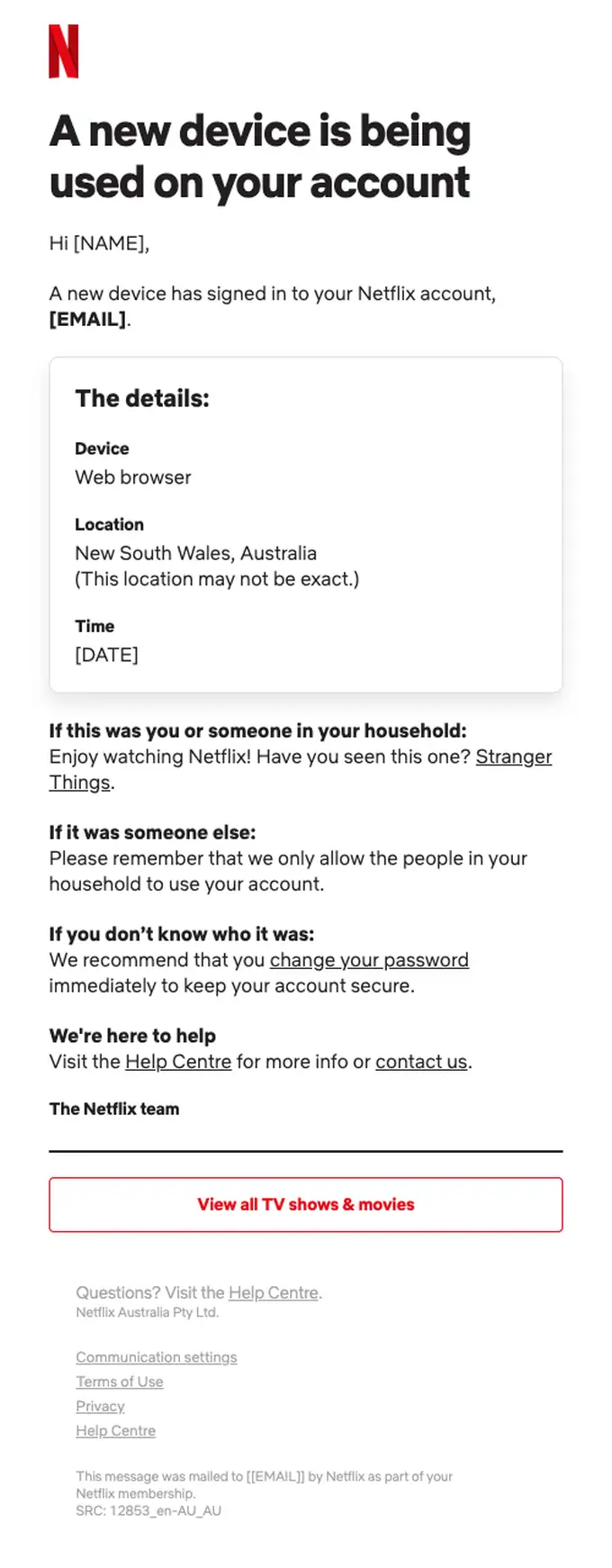 Netflix security alert email, full length