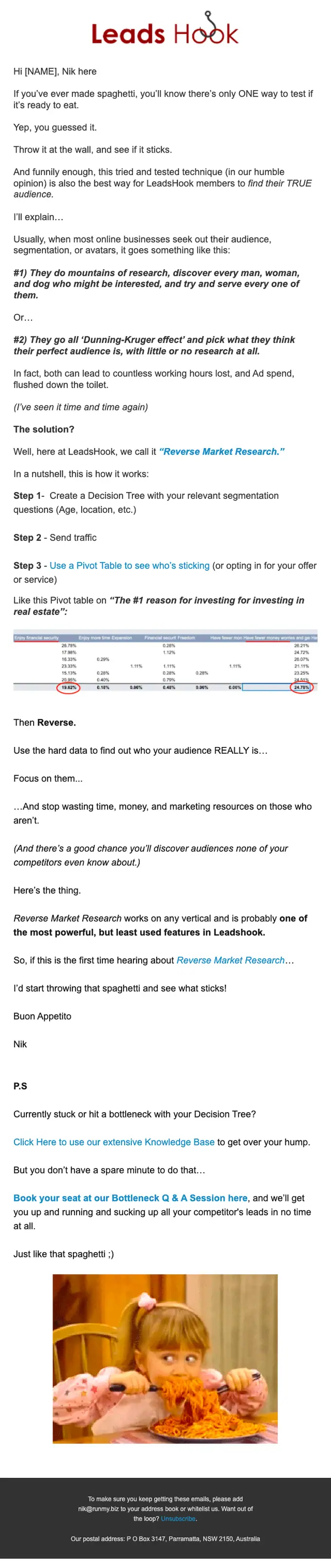 LeadsHook newsletter email, full length