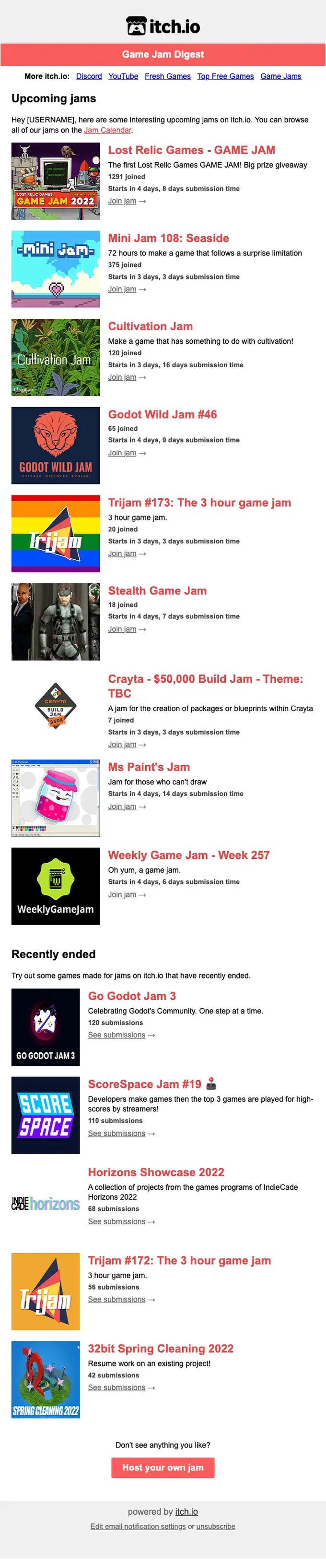 itch.io digest email, full length