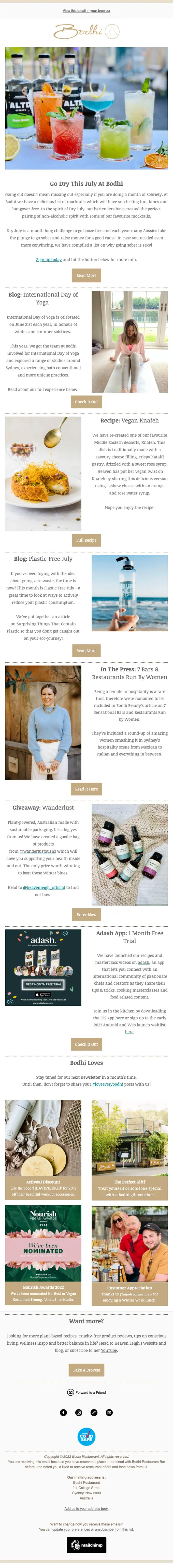 Bodhi Restaurant Bar newsletter email, full length