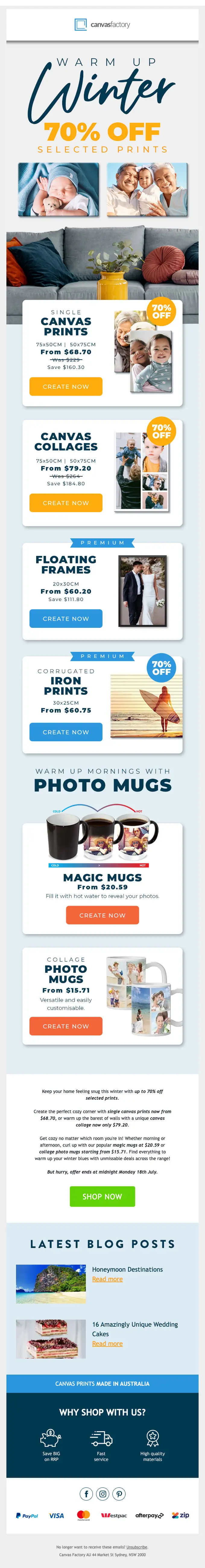 Canvas Factory discount offer email, full length