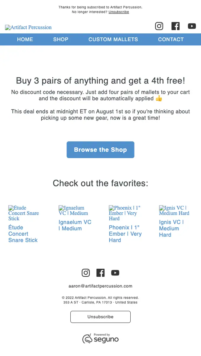 Artifact Percussion discount offer email, full length