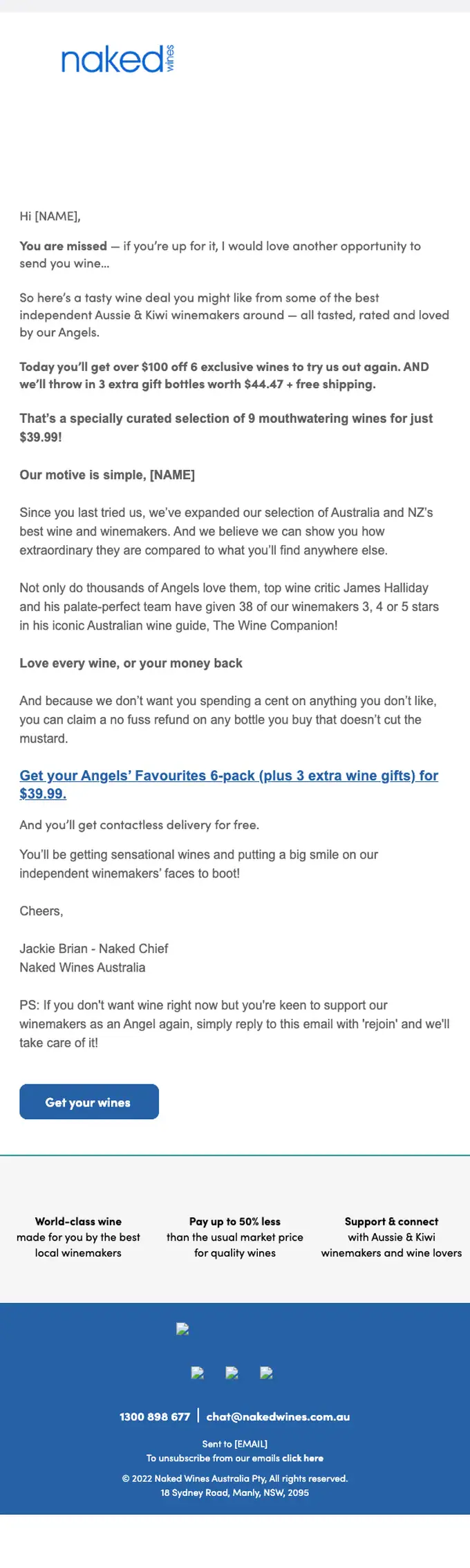 Naked Wines Australia re engagement email, full length