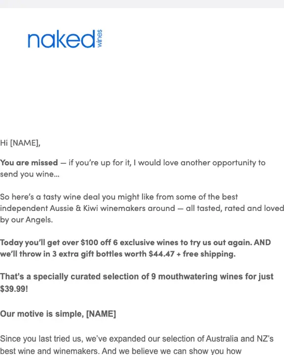 Naked Wines Australia re engagement email