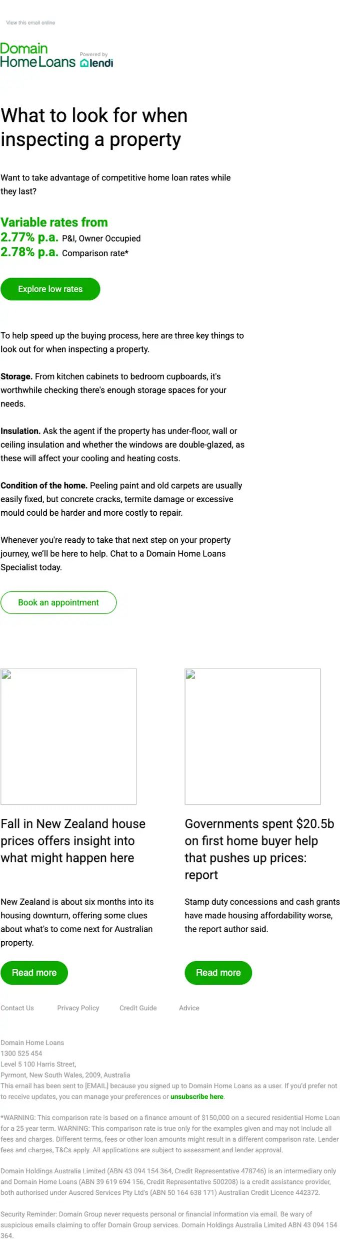 Domain Home Loans newsletter email, full length